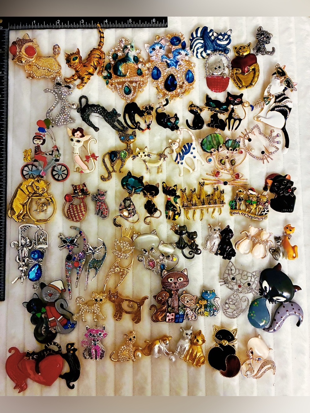 59 Pc Cat Brooch Pins Lot Rhinestone Enamel Kitten Animal Jewelry Collection